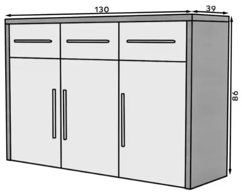 Comoda cu 3 sertare, 3 usi, pentru  dormitor  camera de zi hol, alb lucios  stejar sonoma , 130 cm lungime, 39 cm adancime x 98cm inaltime, 39 cm, 130