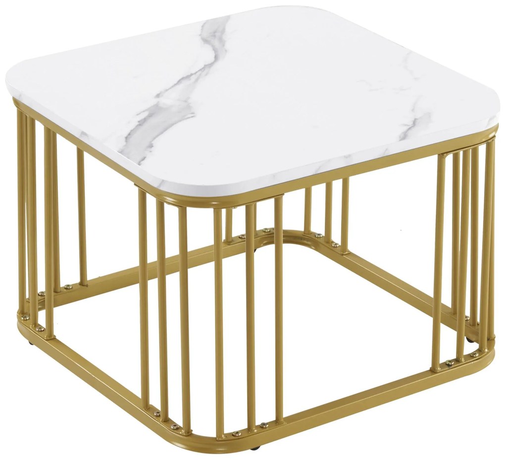 Set de 2 măsuțe pătrate din marmură lucioasă, măsuțe suprapozabile cu picioare aurii, 70×70×45 cm și 50×50×36,5 cm, Alb