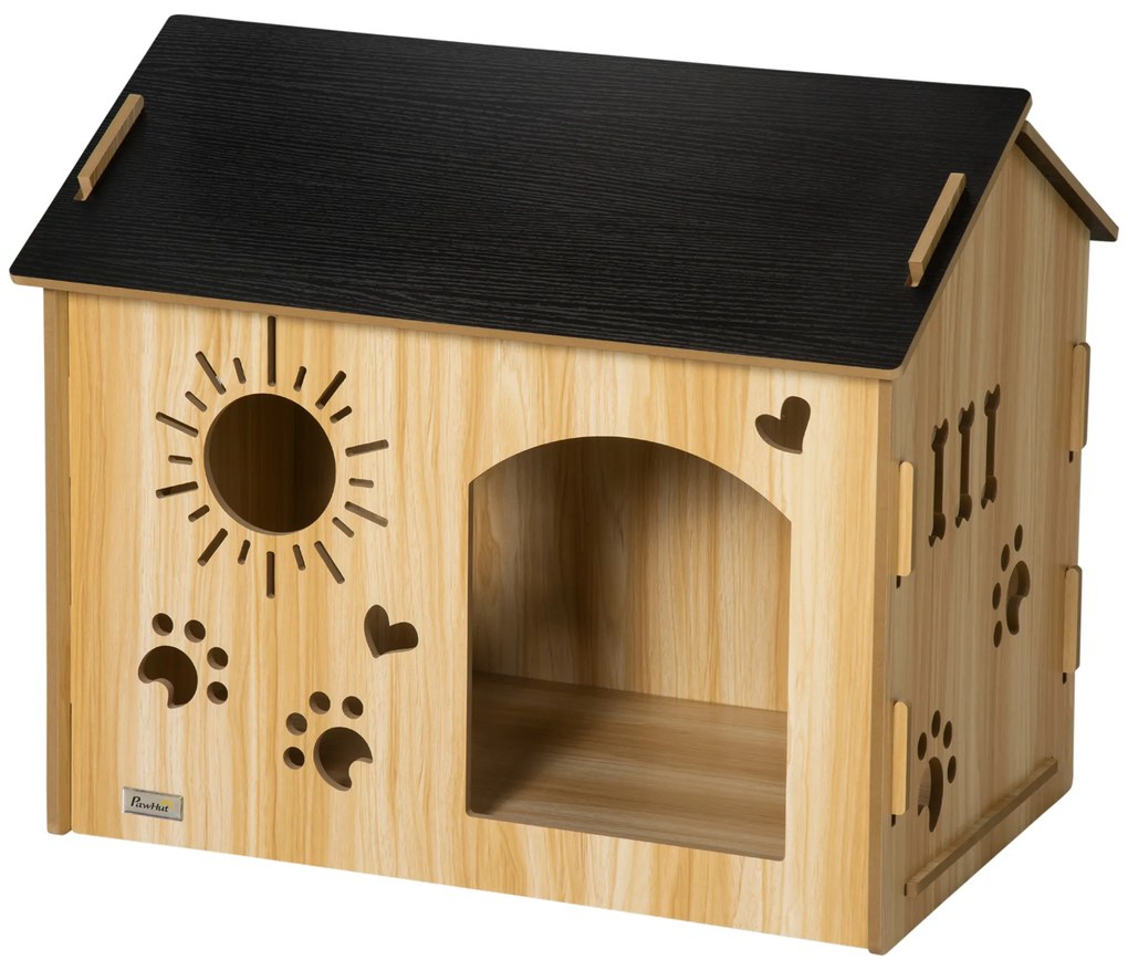 PawHut Hundehütte, cu deschideri pentru ventilare, rezistent la intemperii, din material lemnos, Negru+Culoare lemn, 69 x 50 x 58,5 cm | Aosom Romania