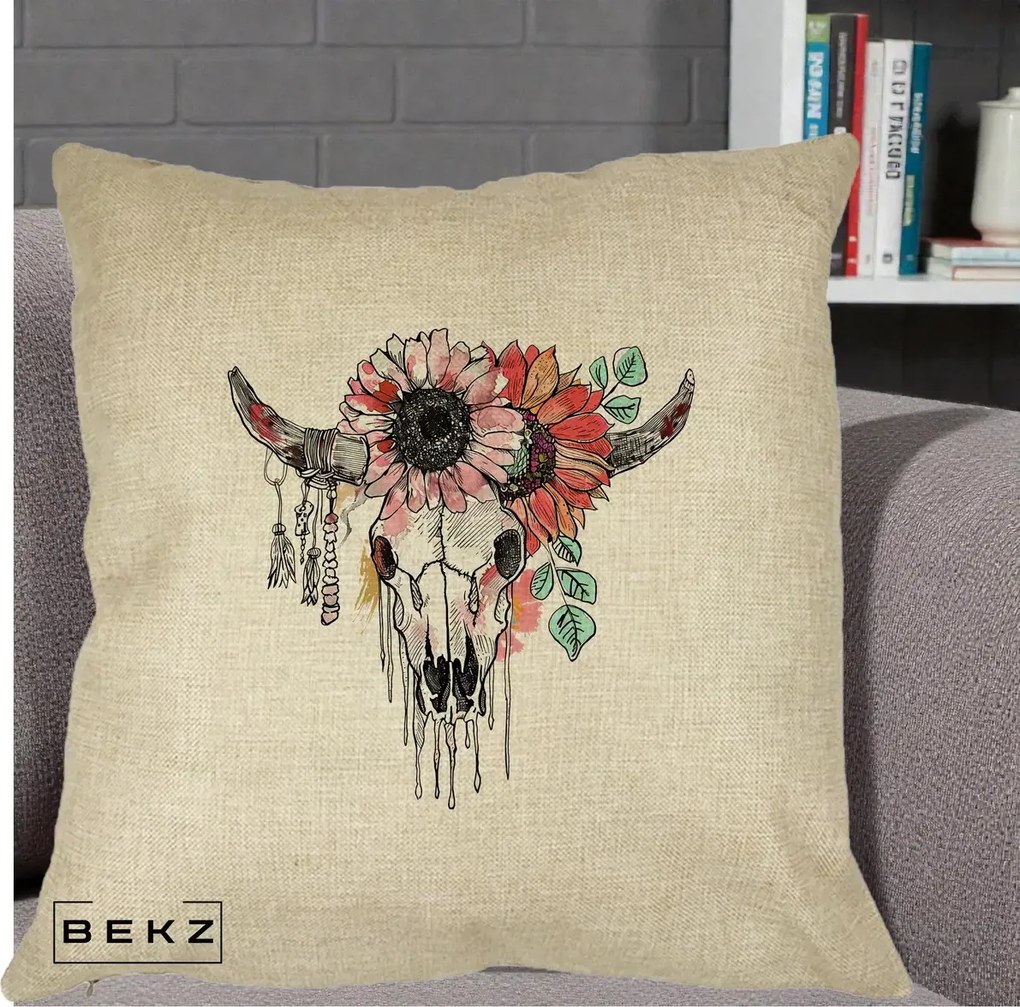 Perna Decorativa Craniu Boho Floral, 40x40 cm, Crem, Husa Detasabila, Perna Inclusa, BEKZ®