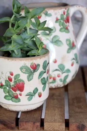 Ghiveci din ceramică crem cu model căpșuni „Fraises”, H10/D10 cm
