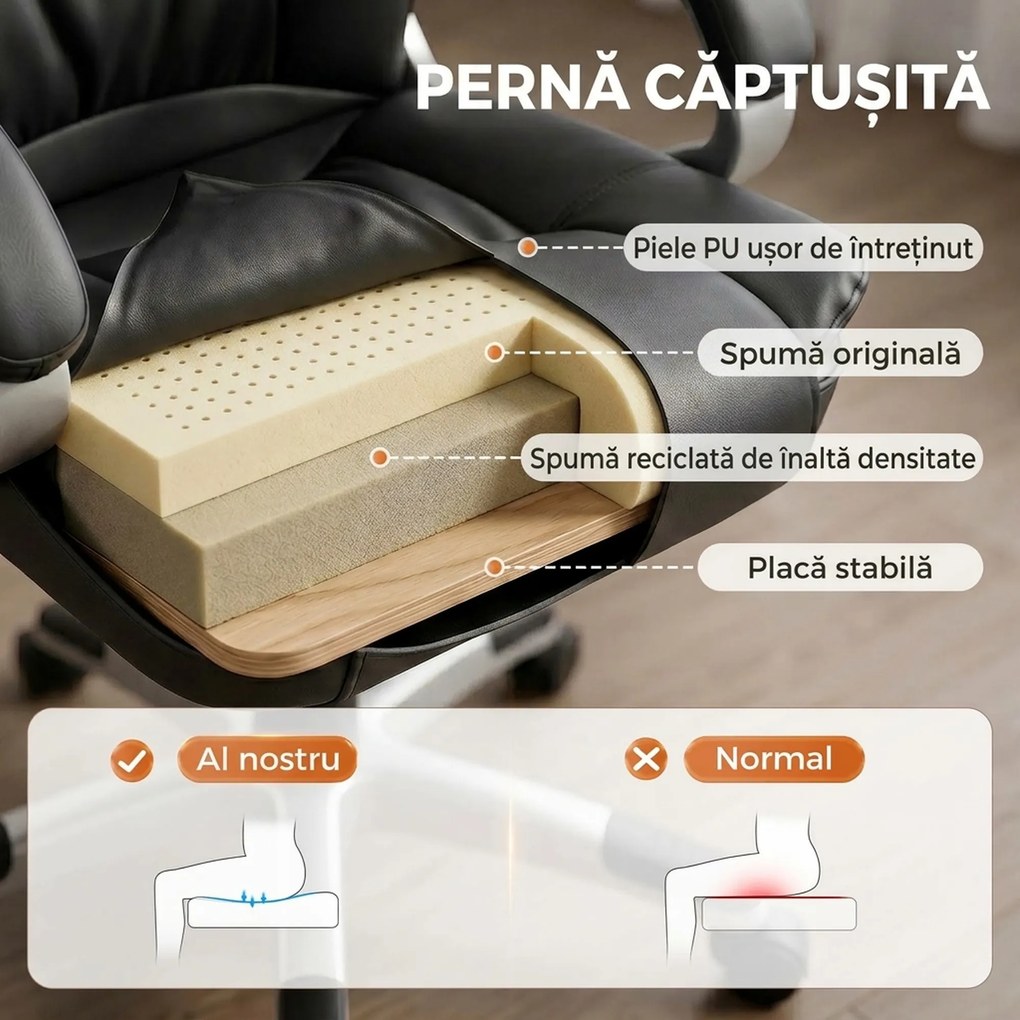HOMCOM Scaun Birou Ergonomic Rotativ din Piele PU, Funcție Legănare, Înălțime Reglabilă, Capacitate 120kg, Negru | Aosom Romania
