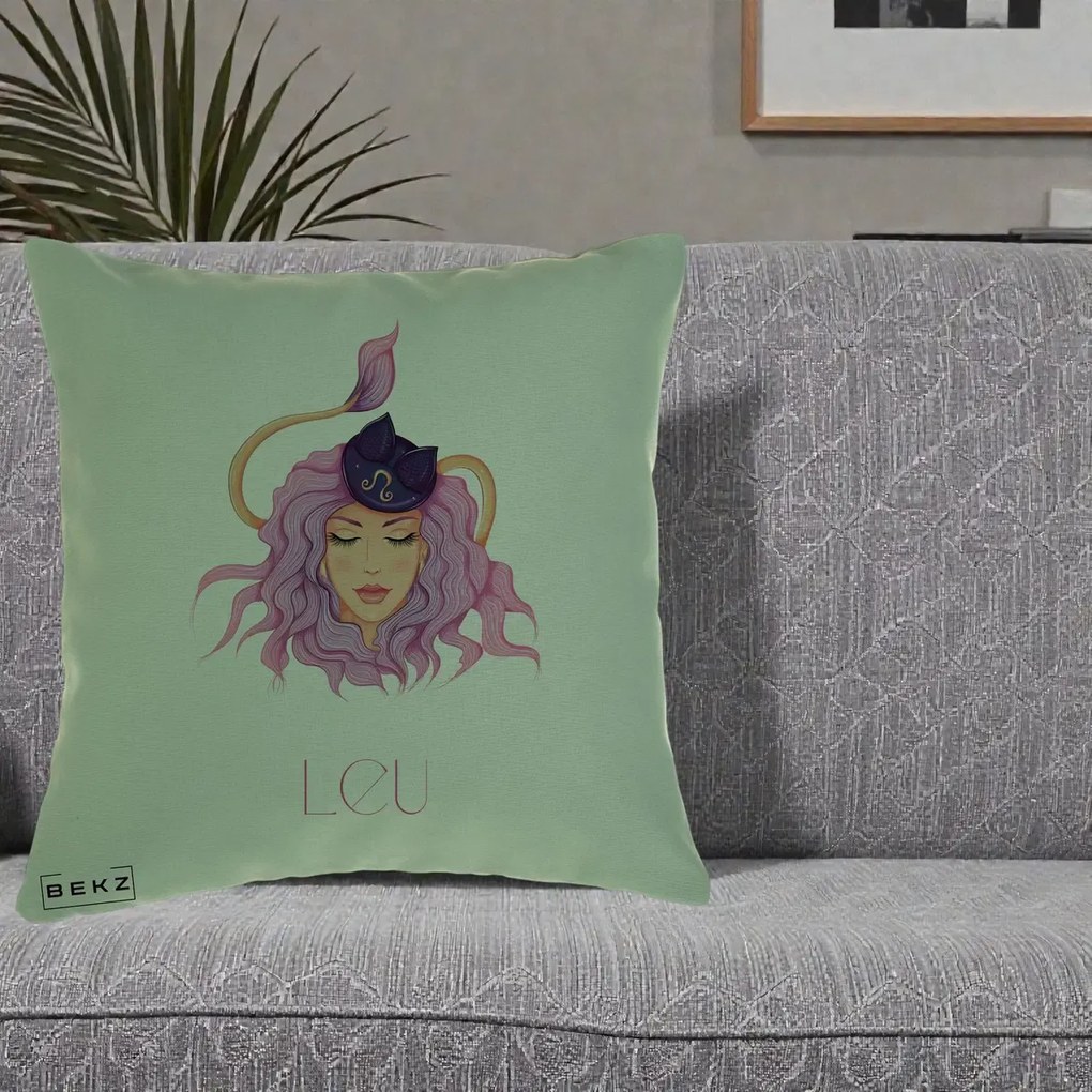 Perna Personalizata Zodie Leu, 40x40 cm, Verde, Husa Detasabila, Perna Inclusa, BEKZ®
