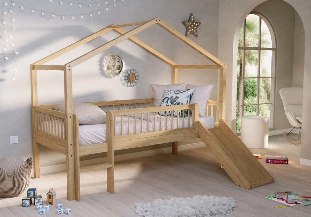 Pat Casă Înălțat Forrest Oak 90x200 cm, pentru Camera Copii, din Lemn de Stejar, Natur, cu Tobogan și Sertare – Vipack