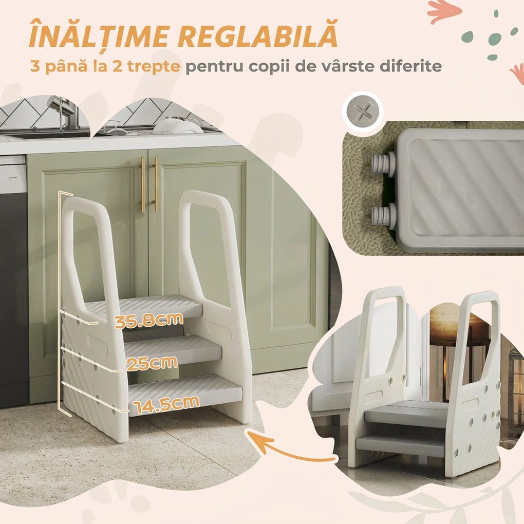 AIYAPLAY Turnuleț pentru Copii 2-5 Ani cu 3 Trepte Reglabile și Tălpi Antiderapante, 43x42x65,5 cm, Gri | Aosom Romania