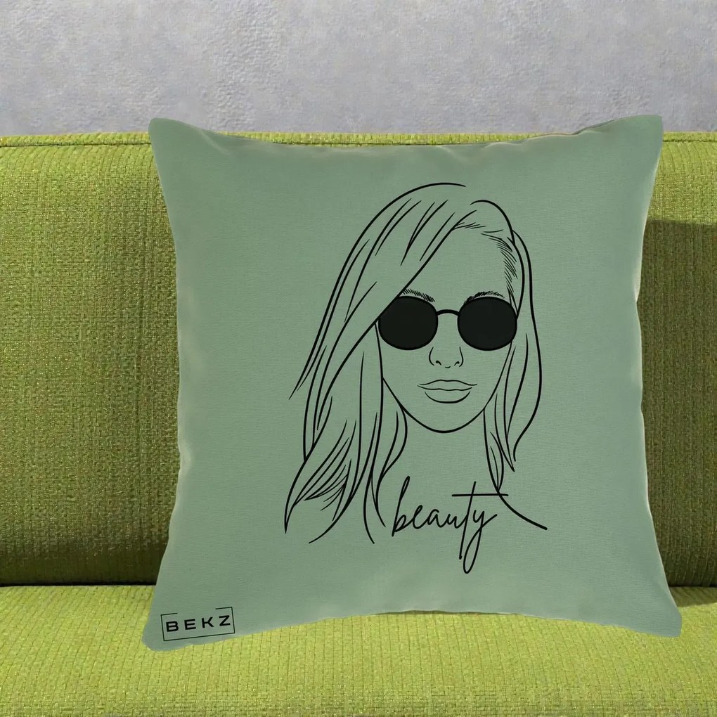 Perna decorativa Beauty Girl Line Art, 40x40 cm cu Umplutura, Verde, BEKZ