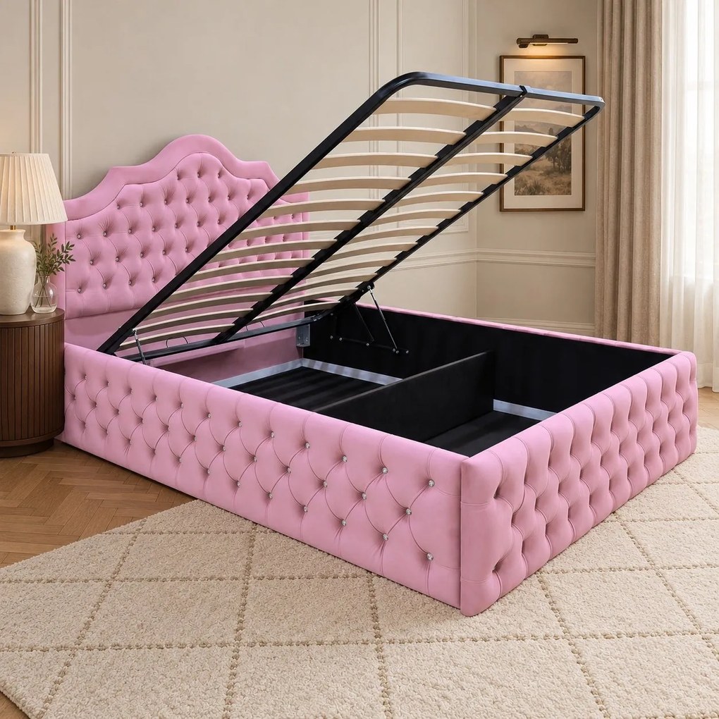 Pat tapițat Chesterfield din catifea Imperio Deluxe 160×200 cm, roz, cu ladă de depozitare