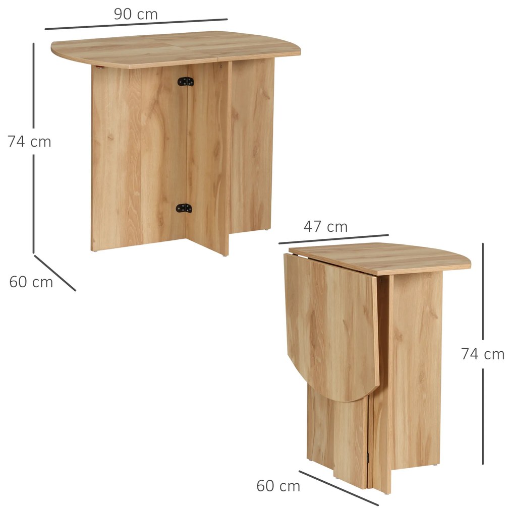 Masa pliabila HOMCOM pentru economisirea spatiului din lemn, pliabila, usor de curatat, PAL 90x60x74cm, stejar | Aosom Romania