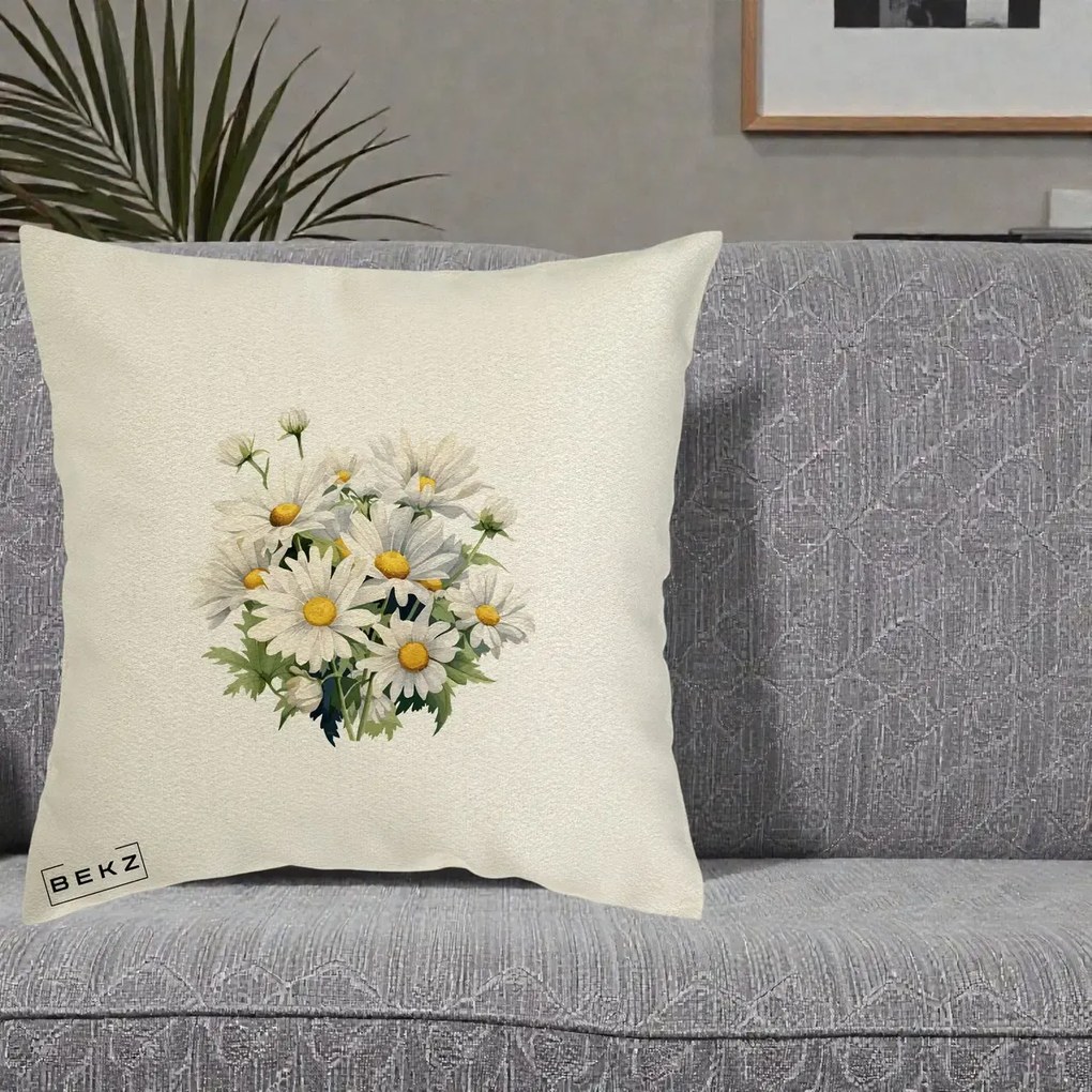 Perna Decorativa Buchet Margarete Albe Acuarela, 40x40 cm, Ecru, Husa Detasabila, Perna Inclusa, BEKZ®