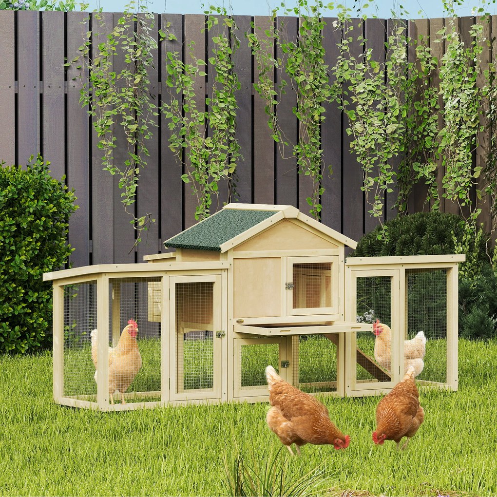 PawHut Coteț pentru găini din lemn cu cuib, acoperiș impermeabil, băț de odihnă, curte, rampă, 204x85x93 cm lemn natural | Aosom Romania