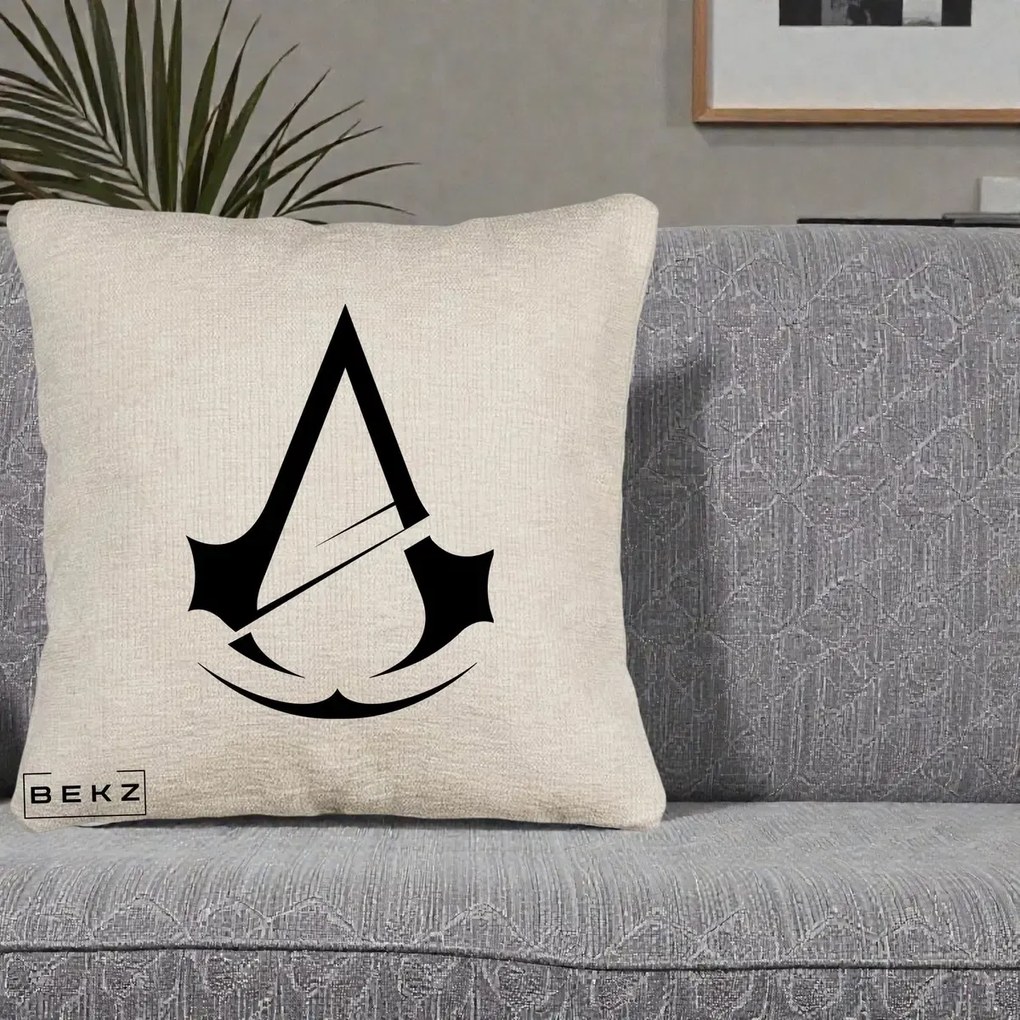 Perna Personalizata Assassin's Creed Minimalist, 40x40 cm, Bej Canapea, Husa Detasabila, Perna Inclusa, BEKZ®