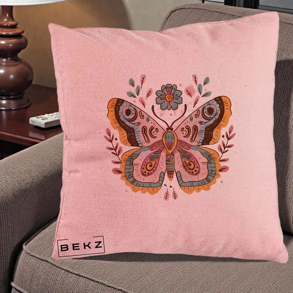 Perna Decorativa Fluture Boho Floral, 40x40 cm, Roz, Husa Detasabila, Perna Inclusa, BEKZ®