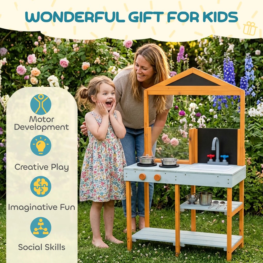 AIYAPLAY Bucătărie de noroi pentru copii, bucătărie de joacă din lemn pentru exterior cu plită, chiuvetă detașabilă, rafturi pentru copii 3-8 ani, Albastru deschis | Aosom Romania