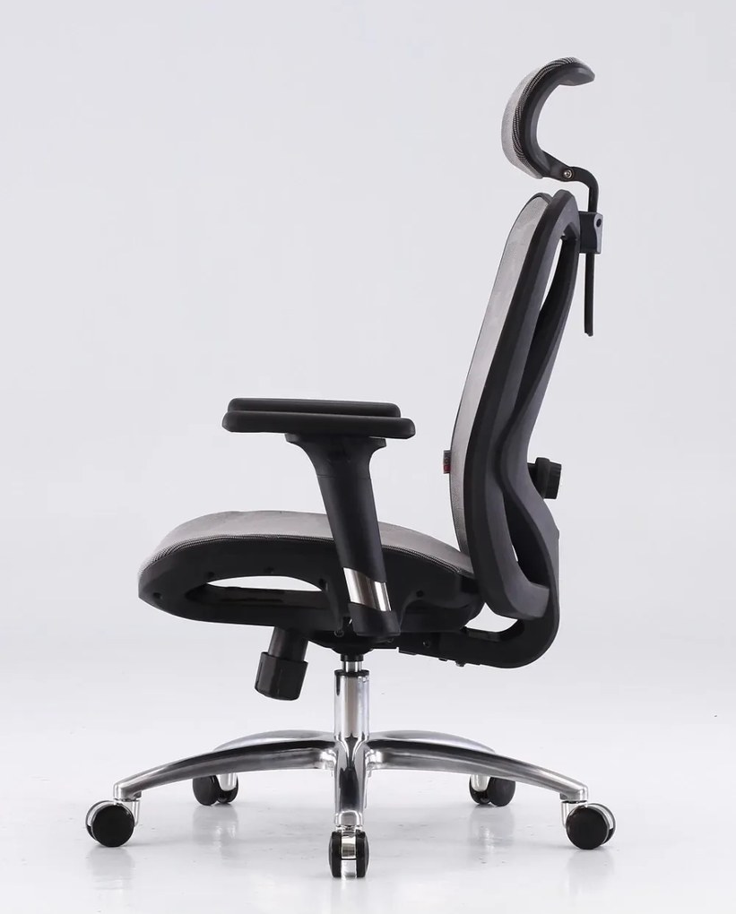 Scaun ergonomic SIHOO, pivotant, suport lombar 2D, tetiera 2D, cotiera 3D, inaltime reglabila, mecanism inclinare/blocare in 3 pozitii, Mesh/Textil, Gri, cadru Negru