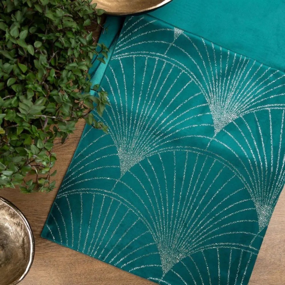 Traversa pentru masa centrală din catifea cu imprimeu turcoaz lucios Lățime: 35 cm | Lungime: 140 cm