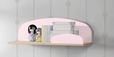 Set KIDDY în roz format dintr-un Pat copii (90x200), noptieră și 2 rafturi de perete (45 și 65 cm).
