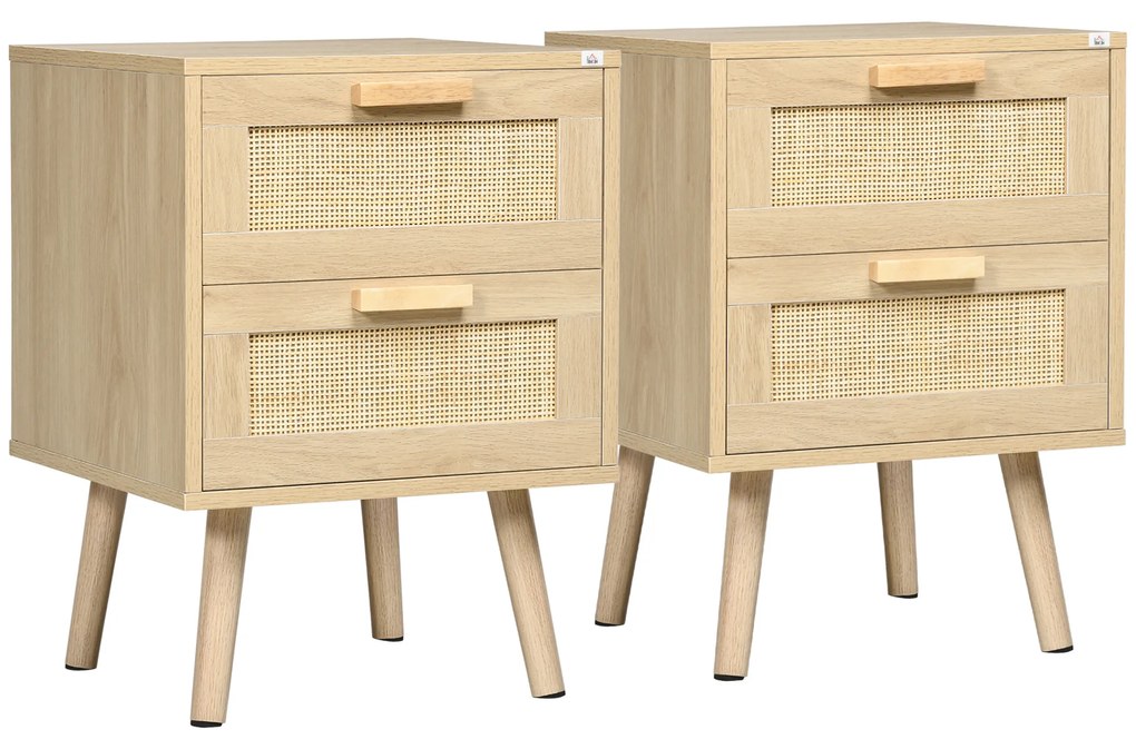 HOMCOM Set 2 Noptiere Boho Elegante, Mobilier Dormitor cu 2 Sertare, 40x40x56cm, Lemn Natural | Aosom Romania