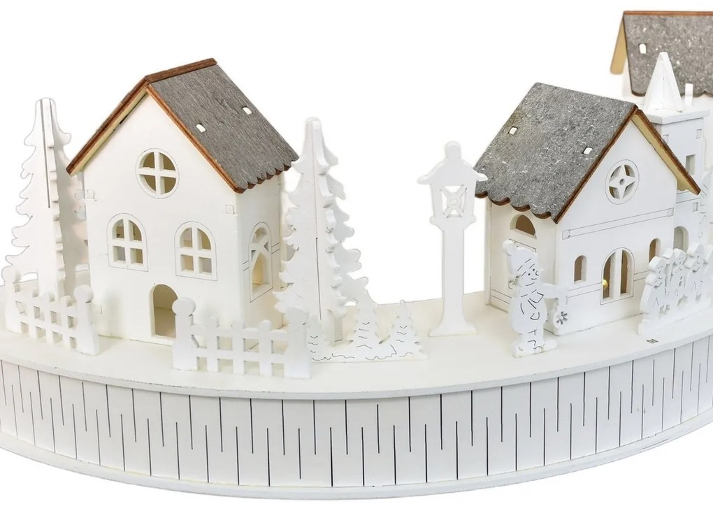 Decorație luminoasă din lemn cu LED-uri, sat cubiserică, 40 x 14 x 20 cm, semicirculară