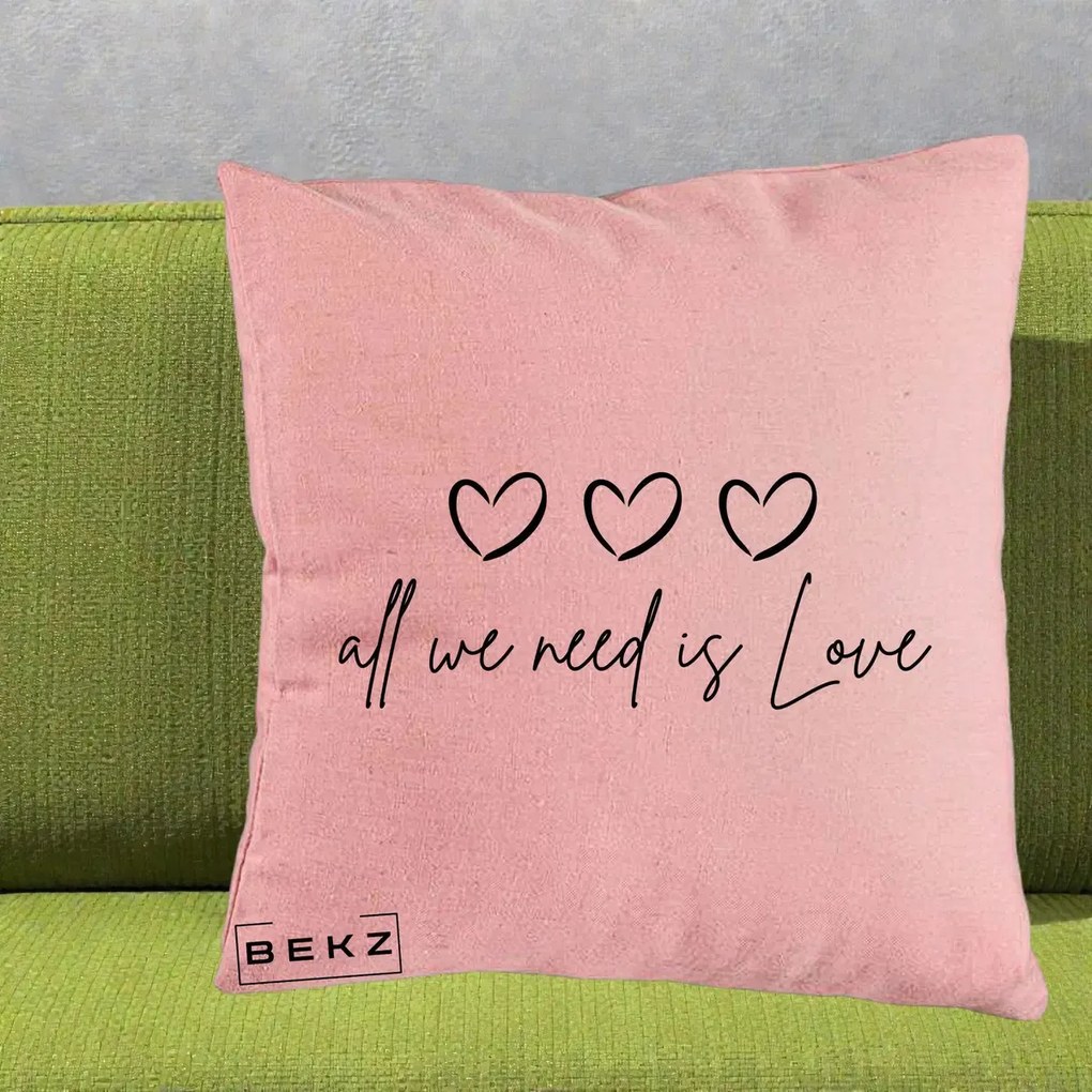 Perna Decorativa All We Need Is Love, 40x40 cm, Roz, Husa Detasabila, Perna Inclusa, BEKZ®