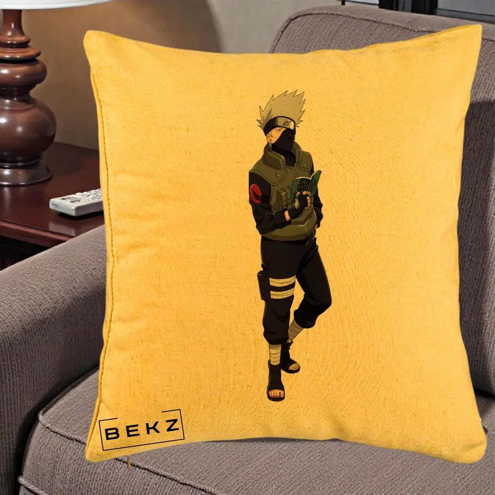 Perna Personalizata Naruto Kakashi Hatake Portret Complet, 40x40 cm, Galben, Husa Detasabila, Perna Inclusa, BEKZ®
