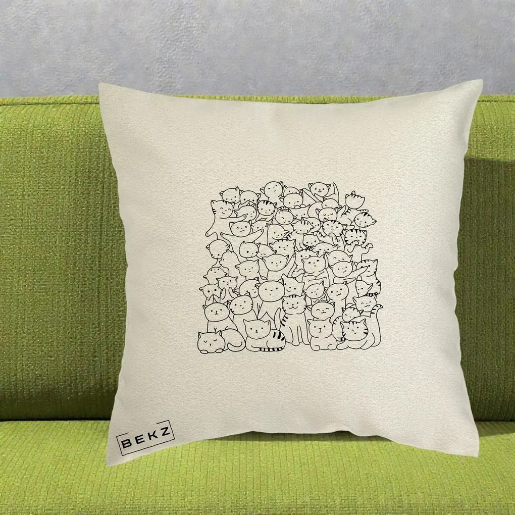 Perna Personalizata Many Cats Pattern Alb-Negru, 40x40 cm, Ecru, Husa Detasabila, Perna Inclusa, BEKZ®