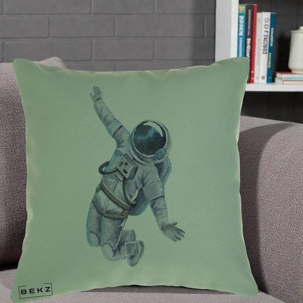 Perna Decorativa Astronaut Acuarela Zbor, 40x40 cm, Verde, Husa Detasabila, Perna Inclusa, BEKZ®