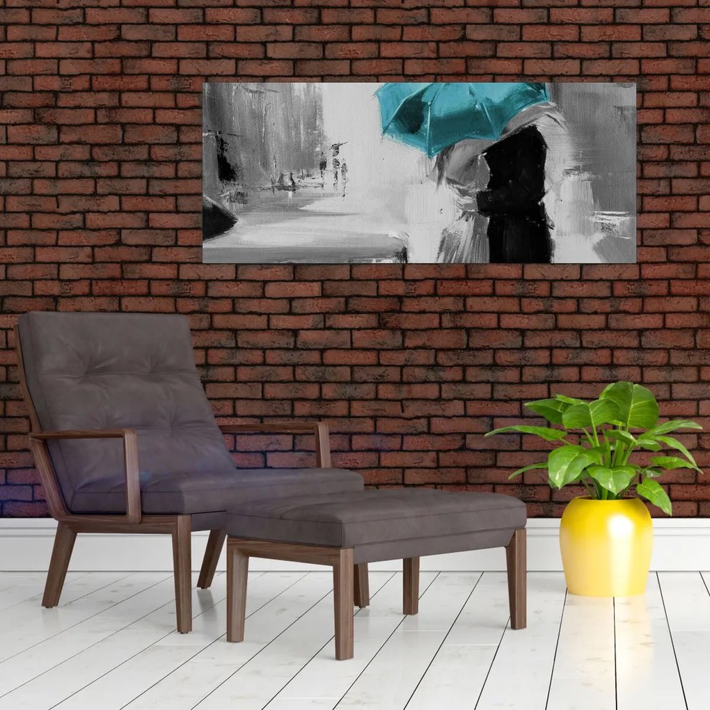 Tablou - Cuplu în dragoste cu umbrelă, albastru (120x50 cm)