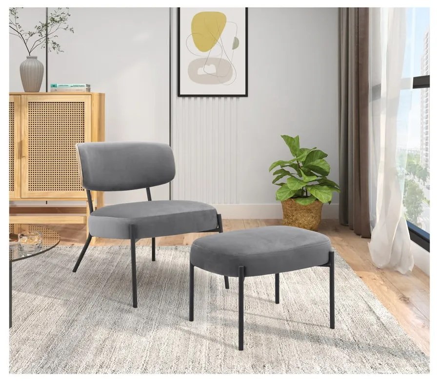 Fotoliu cu taburet gri cu tapițerie din catifea Jerry – Støraa