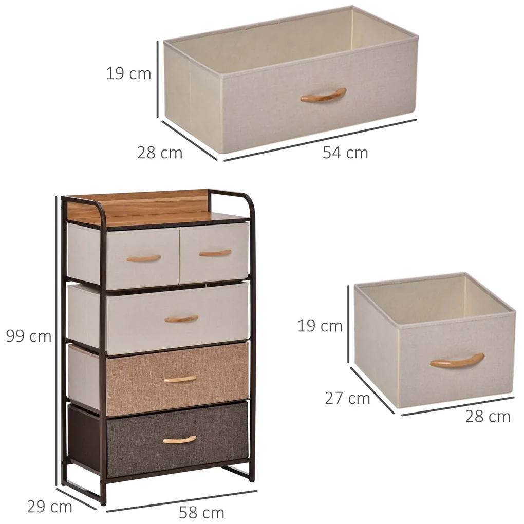 Comoda cu 5 sertare pliante din material textil si raft din MDF, mobilier pentru camera de zi si dormitor, 58x29x99cm, multicolor | Aosom Romania