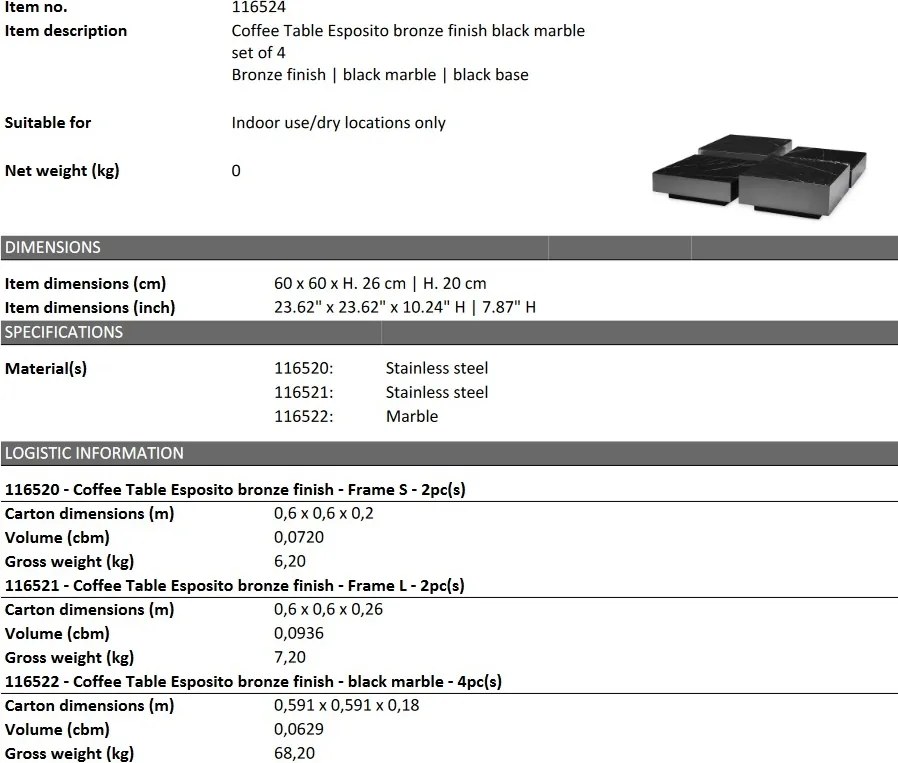 Set de 4 masute de cafea design LUX Esposito, bronz/ marmura neagra