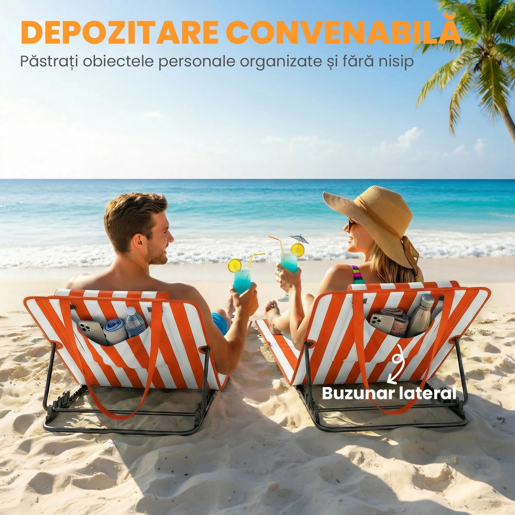 Outsunny Set 2 Șezlonguri Pliabile Portabile pentru Plajă, Spătar Reglabil, Portocaliu. | Aosom Romania