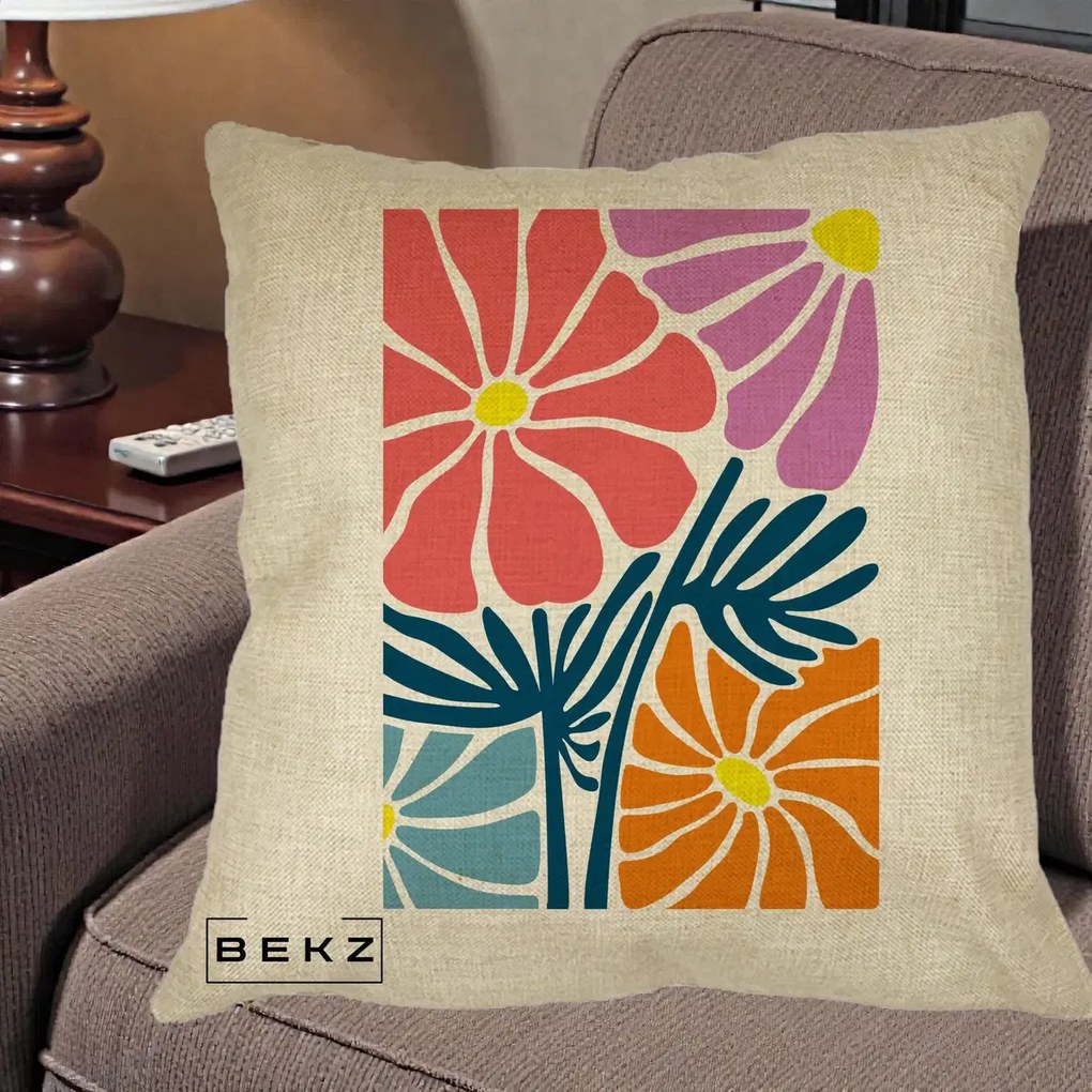 Perna Decorativa Flori Grafice Roz-Orange-Albastru, 40x40 cm, Crem, Husa Detasabila, Perna Inclusa, BEKZ®