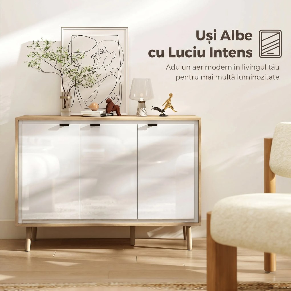 HOMCOM Bufet Modern cu 3 Uși și Raft Reglabil 107x35x77cm Alb și Stejar | Aosom Romania