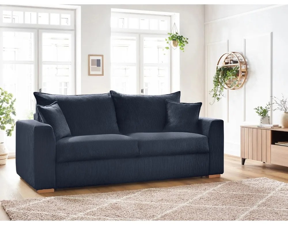 Canapea albastru-închis extensibilă cu tapițerie din catifea reiată 225 cm Augustin – Bobochic Paris