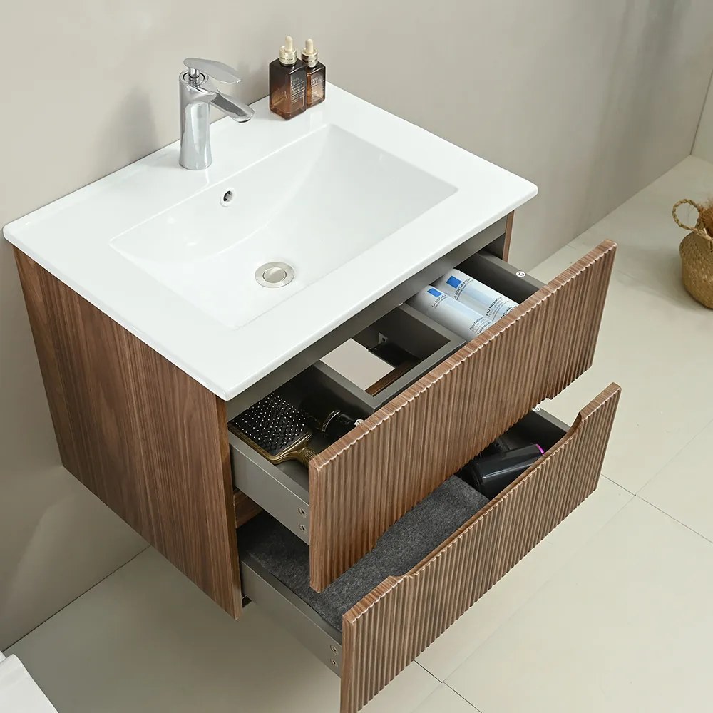 Mobilier de baie Trent 80 cm cu chiuvetă ceramică (2 sertare) și oglindă 60x80 cm stejar apus de soare