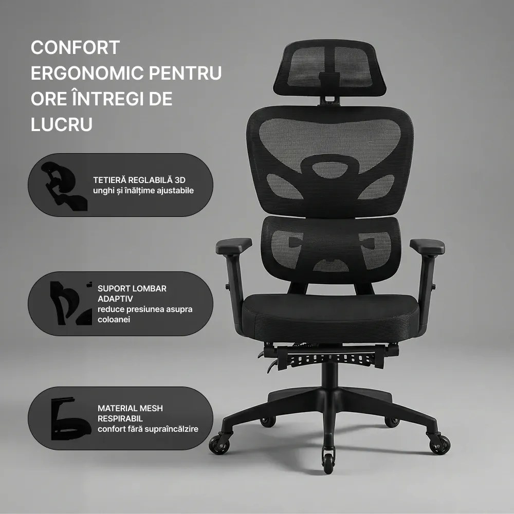 Scaun ergonomic, cotiere 3D, suport lombar adaptiv, spătar reglabil pe inaltime, tetiera 3D, suport pentru picioare, pivotant, Mesh, Negru