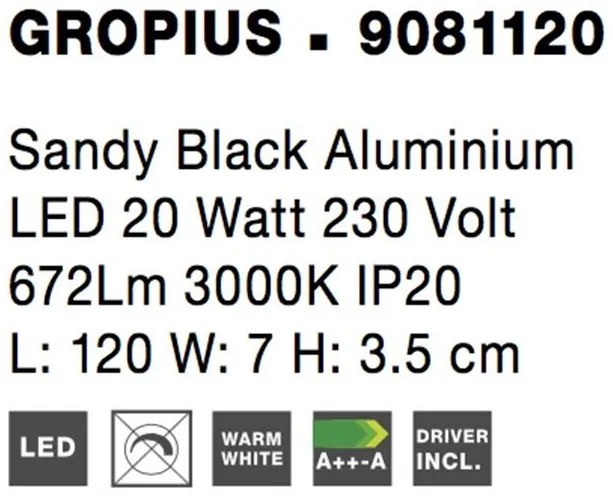 Aplica de perete LED design liniar GROPIUS negru, L-120cm, H-7cm