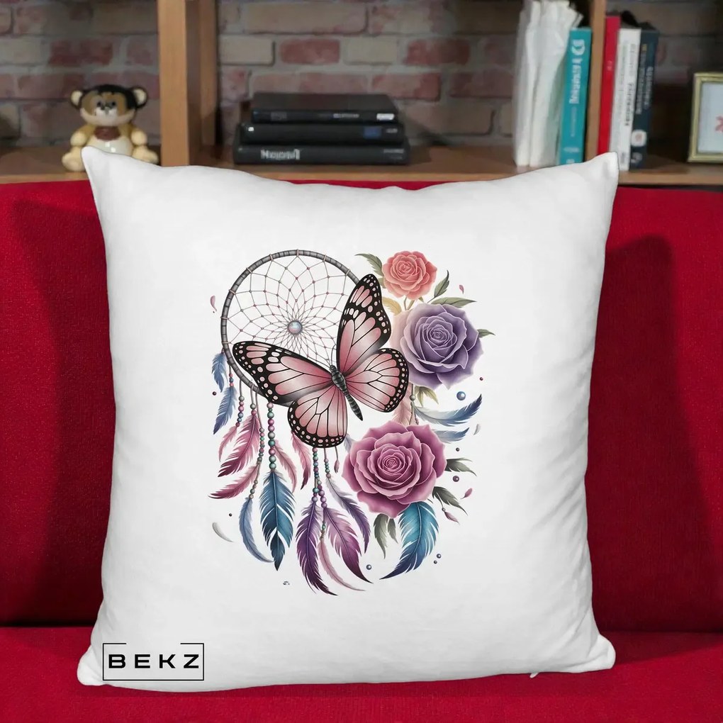 Perna Personalizata Prinzator de Vise cu Fluture si Trandafiri, 40x40 cm, Alb Pufos, Husa Detasabila, Perna Inclusa, BEKZ®