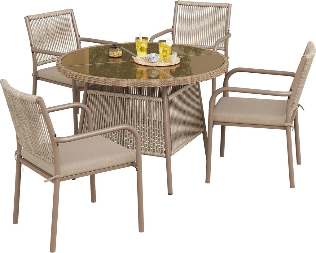 Set mobilier de grădină modern, 5 piese, masă rotundă cu blat din sticlă securizată, 4 scaune cu brațe cu spătar din sfoară, Maro