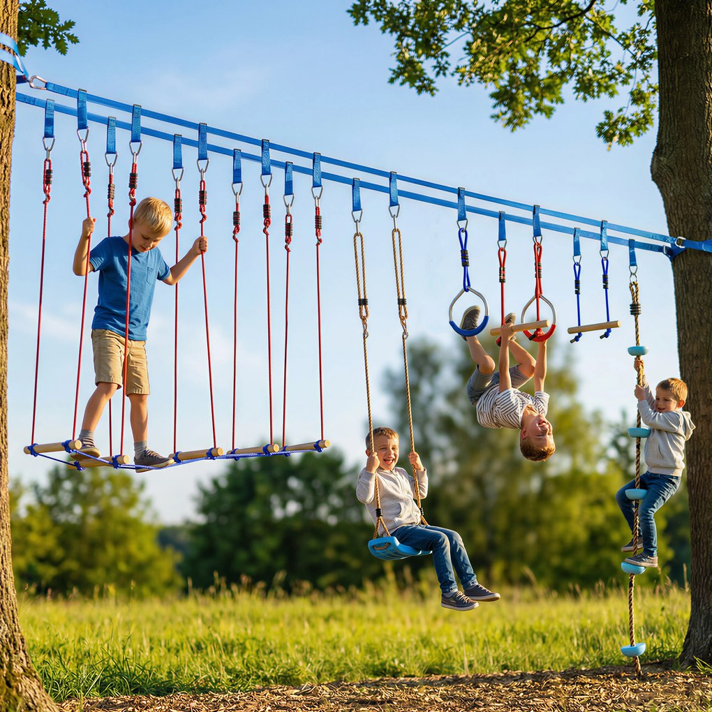 AIYAPLAY Ninja Line Set Slackline copii 24 m cu inele gimnastice, 7 obstacole, bară de cățărat, pod de echilibru pentru 3-6 ani Roșu+Albastru | Aosom Romania
