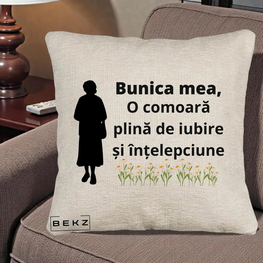 Cadou pentru Bunica - Perna Personalizata Bunica Mea Comoara Iubire Intelepciune Silueta cu Nepoata, 40x40 cm, Bej Canapea, Husa Detasabila, Perna Inclusa, BEKZ®
