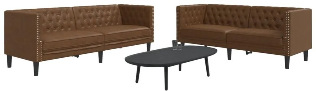 vidaXL Set canapele Chesterfield cu 2 locuri, maro piele întoarsă eco.