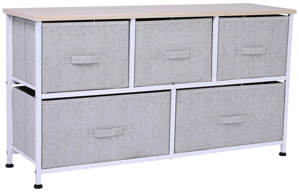 HOMCOM Comodă mobilier de depozitare 100 x 30 x 54 cm 5 sertare netesut gri structură oțel alb lemn deschis | Aosom Romania
