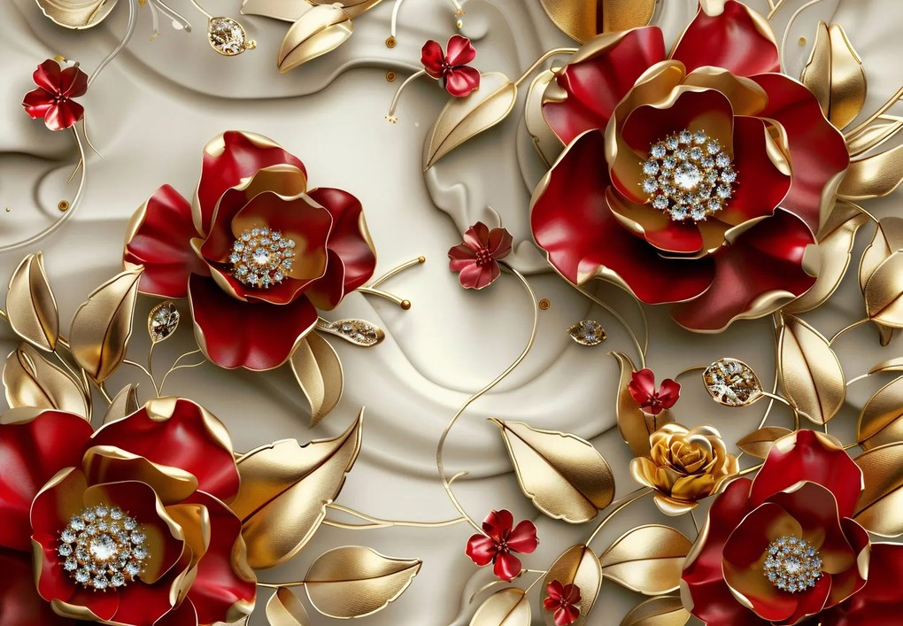 Fototapet - Flori 3D Roșu-Auriu (147x102 cm)