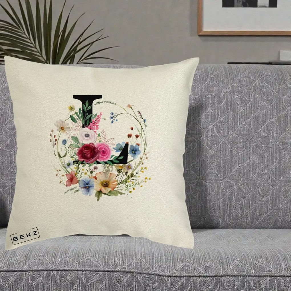 Cadou Personalizat - Perna Personalizata Monogram Litera L cu Flori Acuarela, 40x40 cm, Ecru, Husa Detasabila, Perna Inclusa, BEKZ®