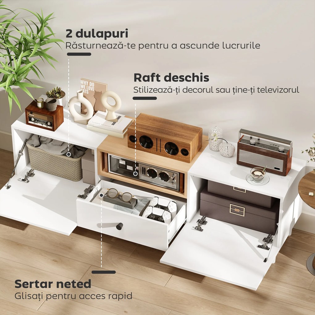HOMCOM Mobilier TV, Suport TV până la 70" cu 2 Uși Rabatabile, Balamale Soft Close, Sertar, Raft Deschis, 8 Picioare pentru Sufragerie, Dormitor, 150x35x45 cm, Alb și Culoare Lemn | Aosom Romania