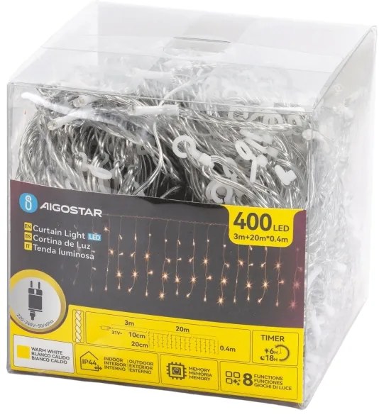 Aigostar - LED șir de lumini de Crăciun pentru exterior 400xLED/6W/230V/8 funcții 20x0,4m IP44 alb cald