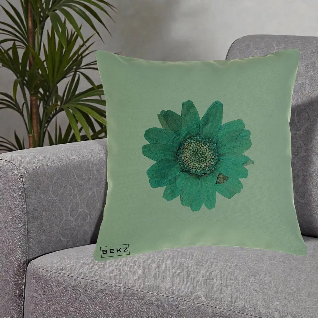 Perna Decorativa Floare Gerbera Teal Acuarela, 40x40 cm, Verde, Husa Detasabila, Perna Inclusa, BEKZ®