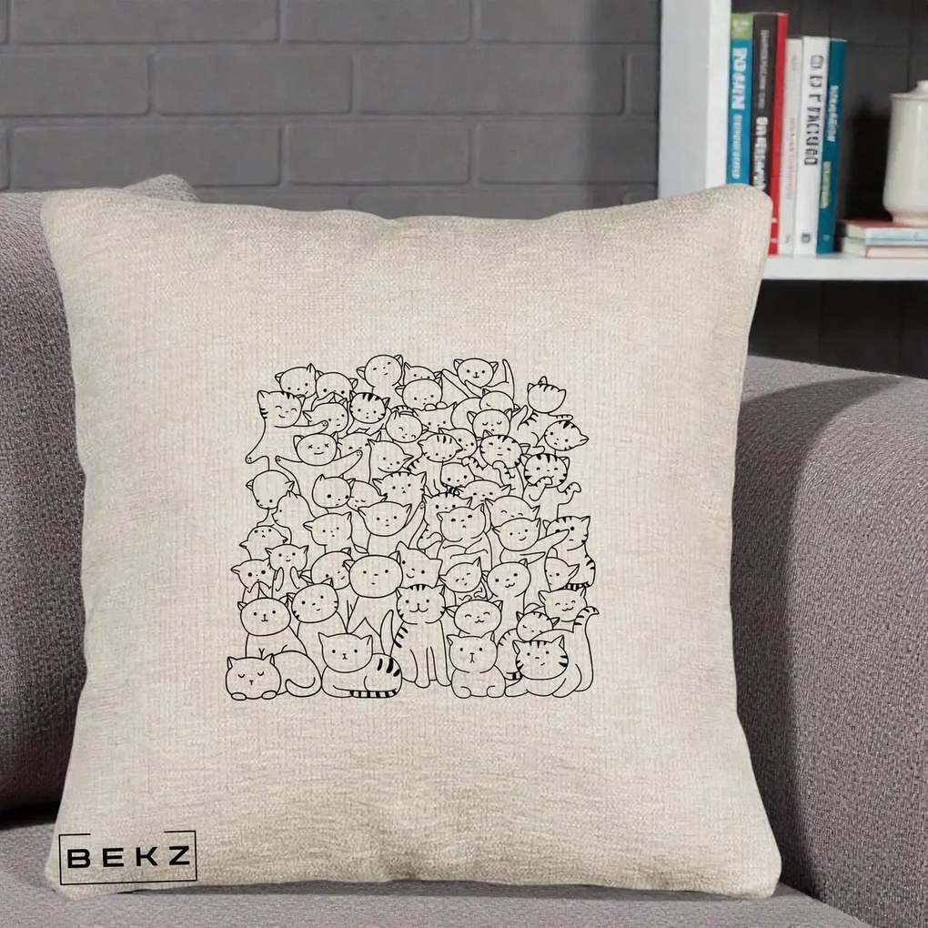 Perna Personalizata Many Cats Pattern Alb-Negru, 40x40 cm, Bej Canapea, Husa Detasabila, Perna Inclusa, BEKZ®