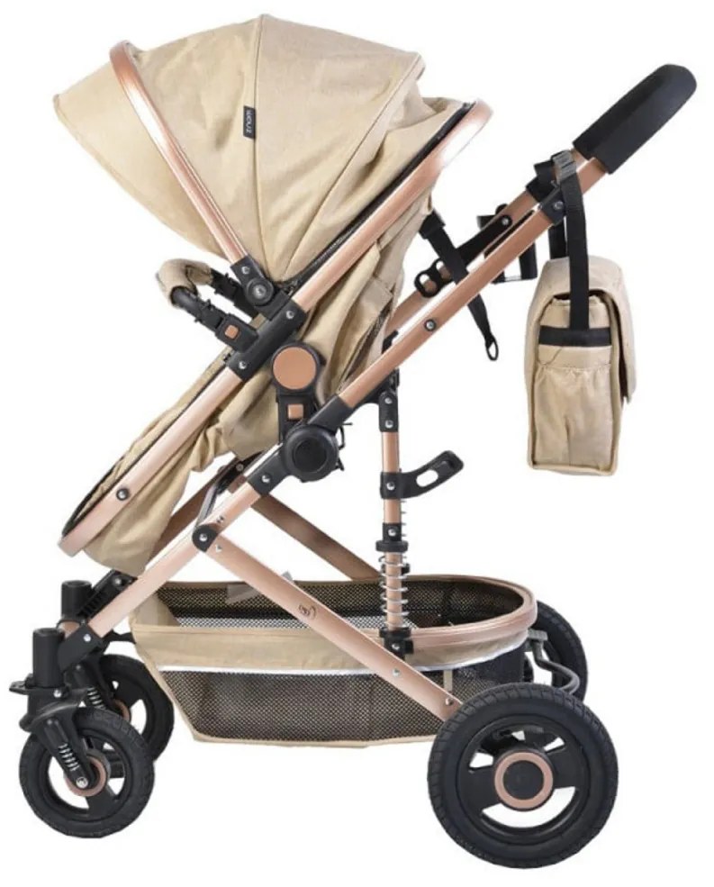 Carucior nou nascuti 2 in 1 NOVOKIDS™ Ciarra Gold PRO , Cu geanta bebe, Cadru Aluminiu , Amortizoare, Roti din cauciuc plin AVE, Landou, Modul sport,